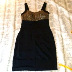 Black and antique gold metallic cocktail dress